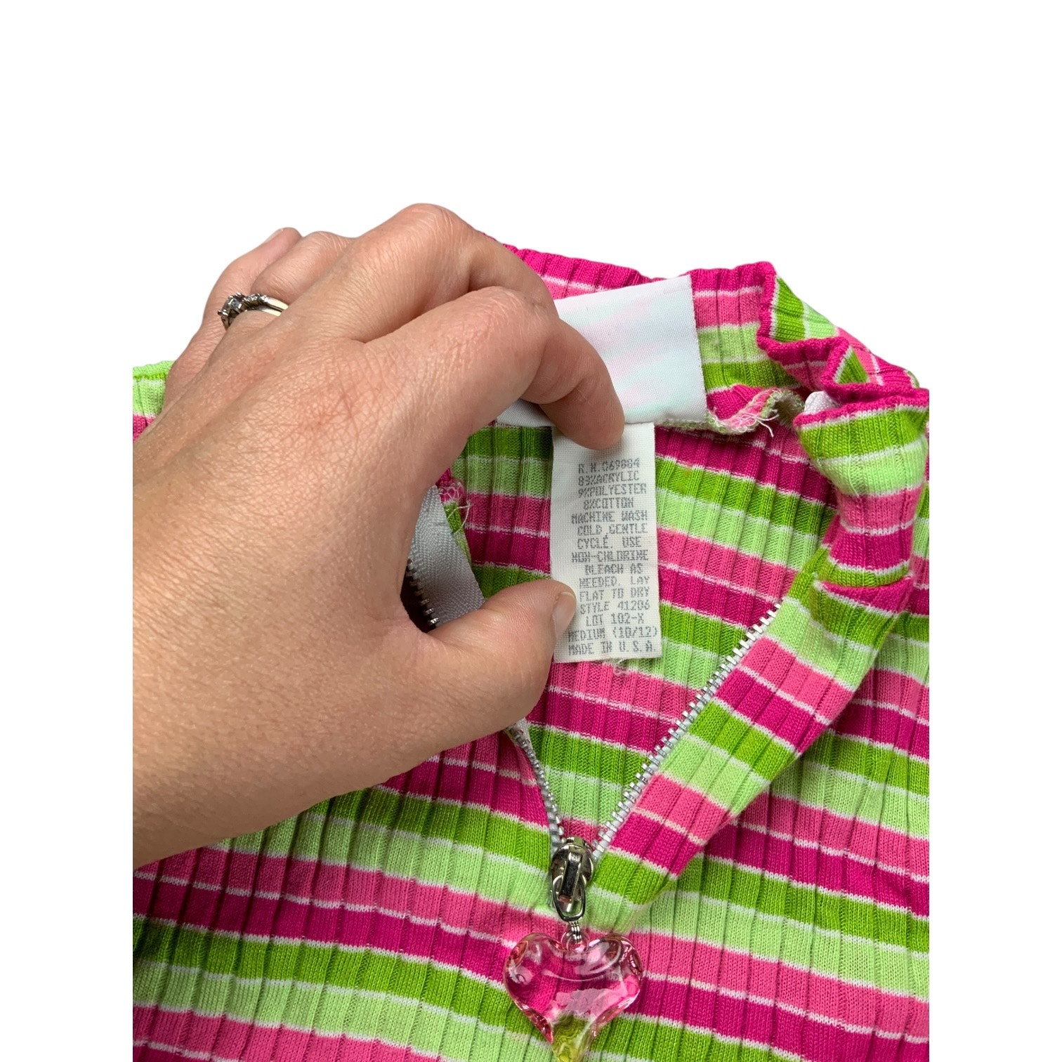 Girls Will Be Girls Y2k Ribbed Stripe Heart Zip Top Pink Green Usa Medium 10-12 — image 3 of 4